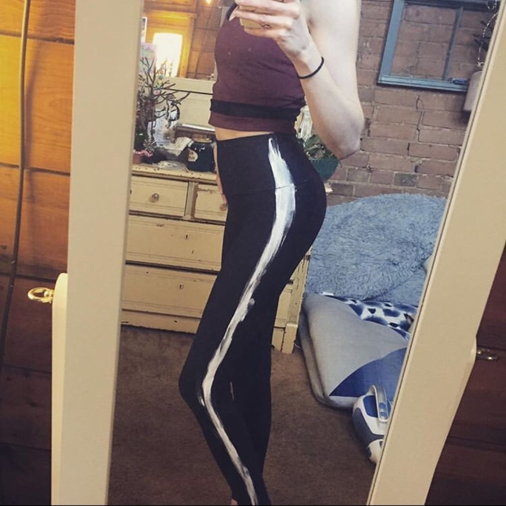 Black and White Racing Stripe One of A Kind Hand Sewn & Painted Custom Leggings